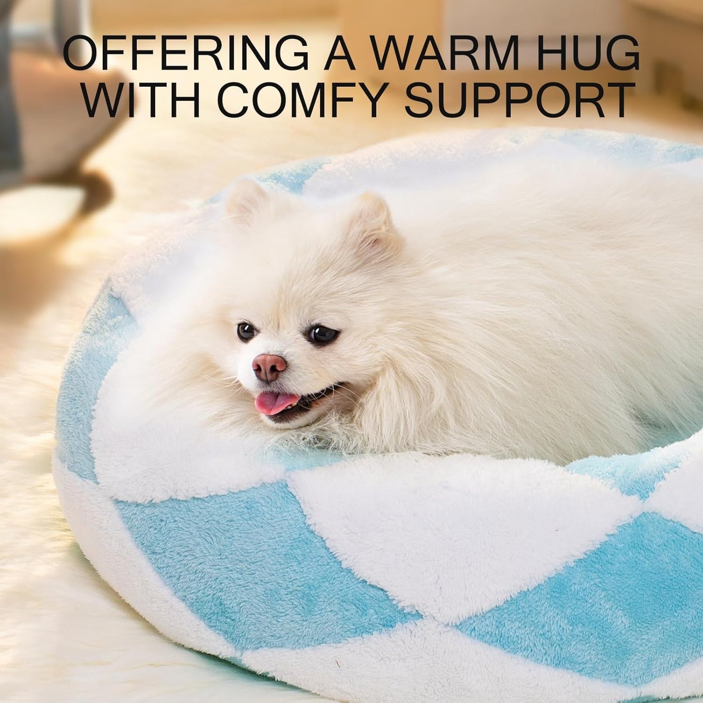 MEWOOFUN Donut Cat Bed For Indoor Cats - Round Washable Plush Pet Bed With Jacquard Shaggy Fabric & Non-Slip Bottom, Calming Small Dog Bed For Puppy & Kitten, 23 Inch Blue Check