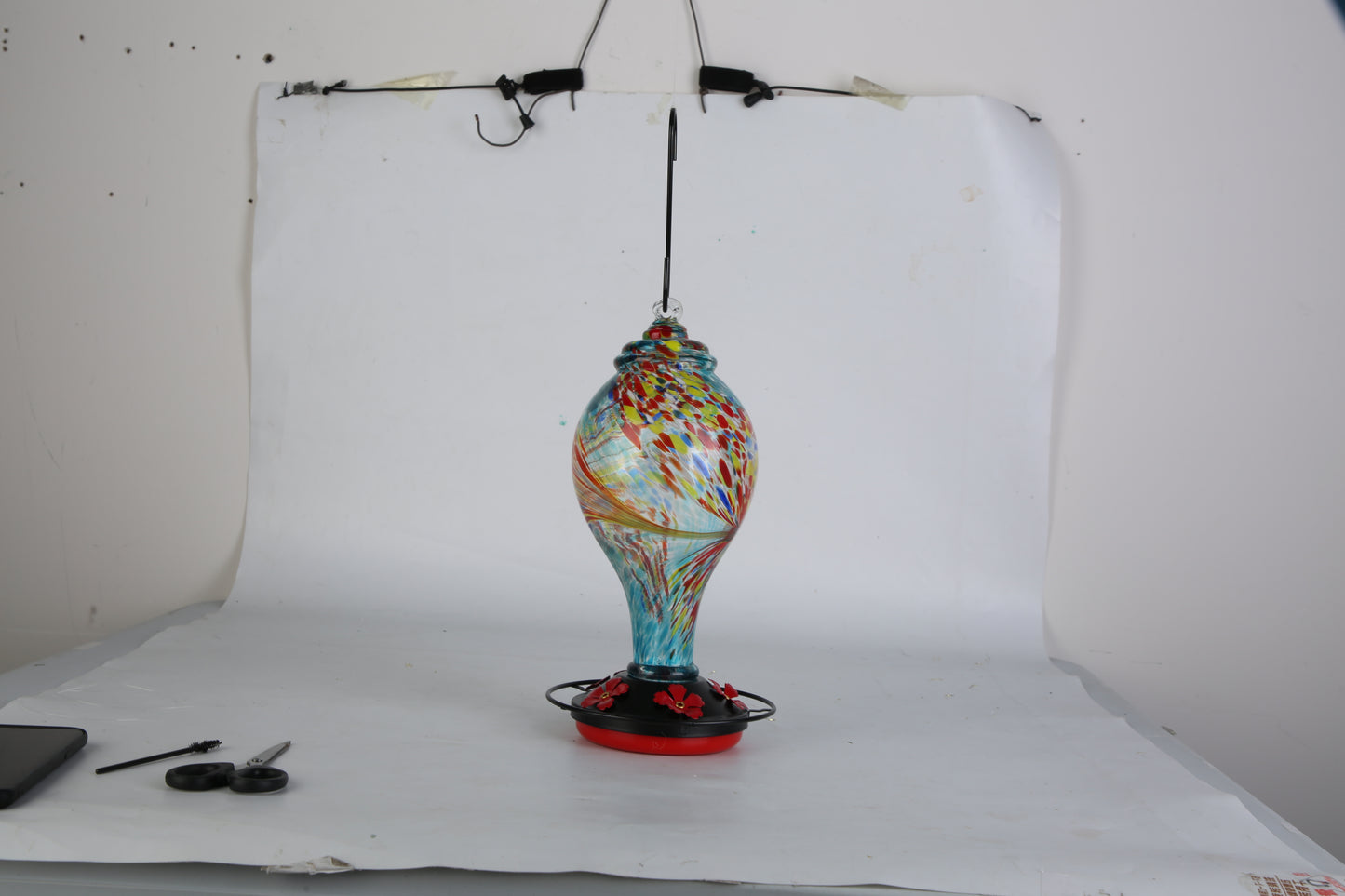 1Pc Glass Hummingbird Feeder 33OZ Hand Blown Hummingbird Feeder With 5 Flower Feeding Port Perch Ant Moat Hanging Hook S Hook Hemp Rope Cleaning Brush For Garden Decor