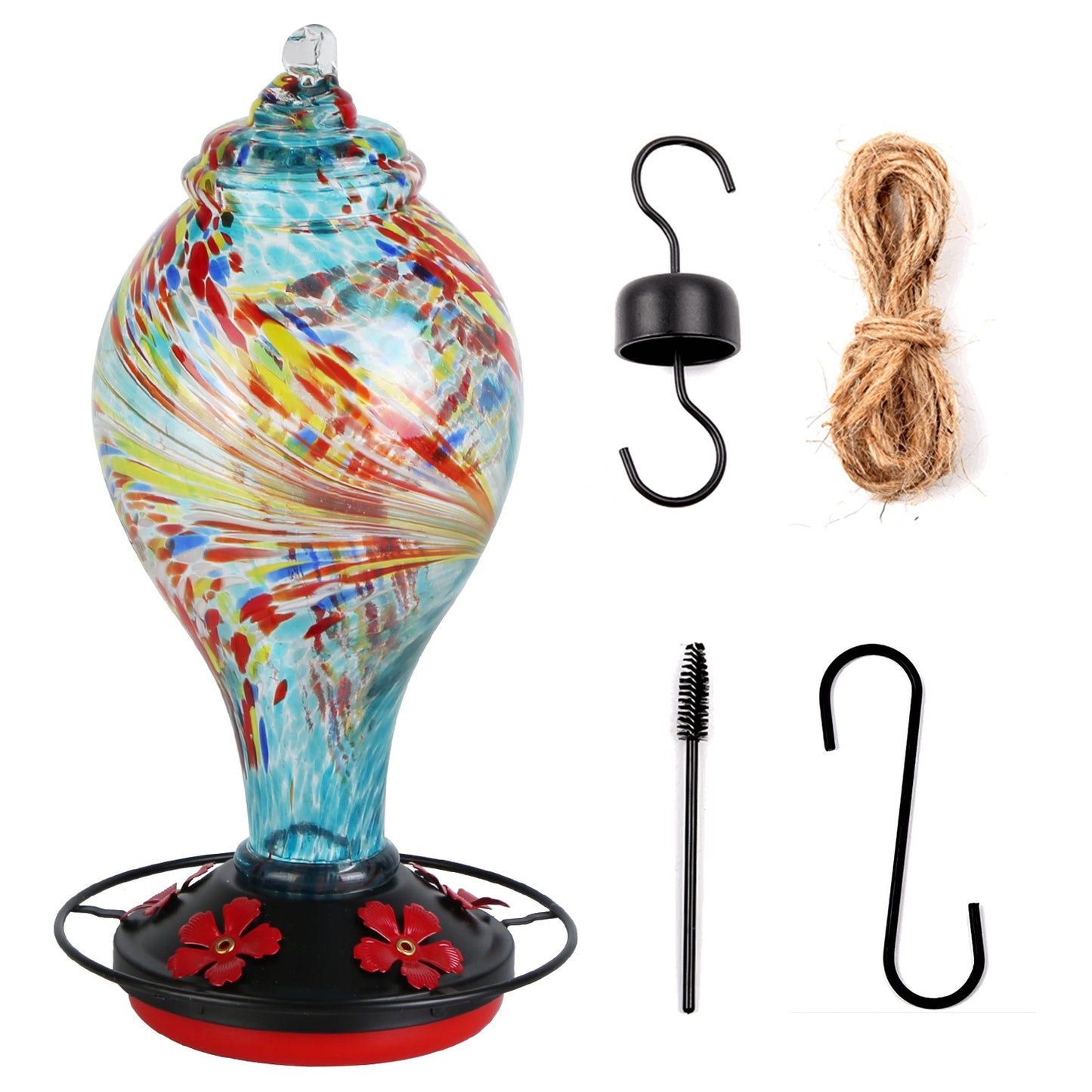 1Pc Glass Hummingbird Feeder 33OZ Hand Blown Hummingbird Feeder With 5 Flower Feeding Port Perch Ant Moat Hanging Hook S Hook Hemp Rope Cleaning Brush For Garden Decor
