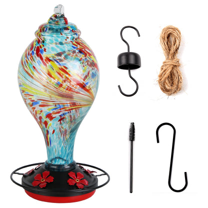 1Pc Glass Hummingbird Feeder 33OZ Hand Blown Hummingbird Feeder With 5 Flower Feeding Port Perch Ant Moat Hanging Hook S Hook Hemp Rope Cleaning Brush For Garden Decor