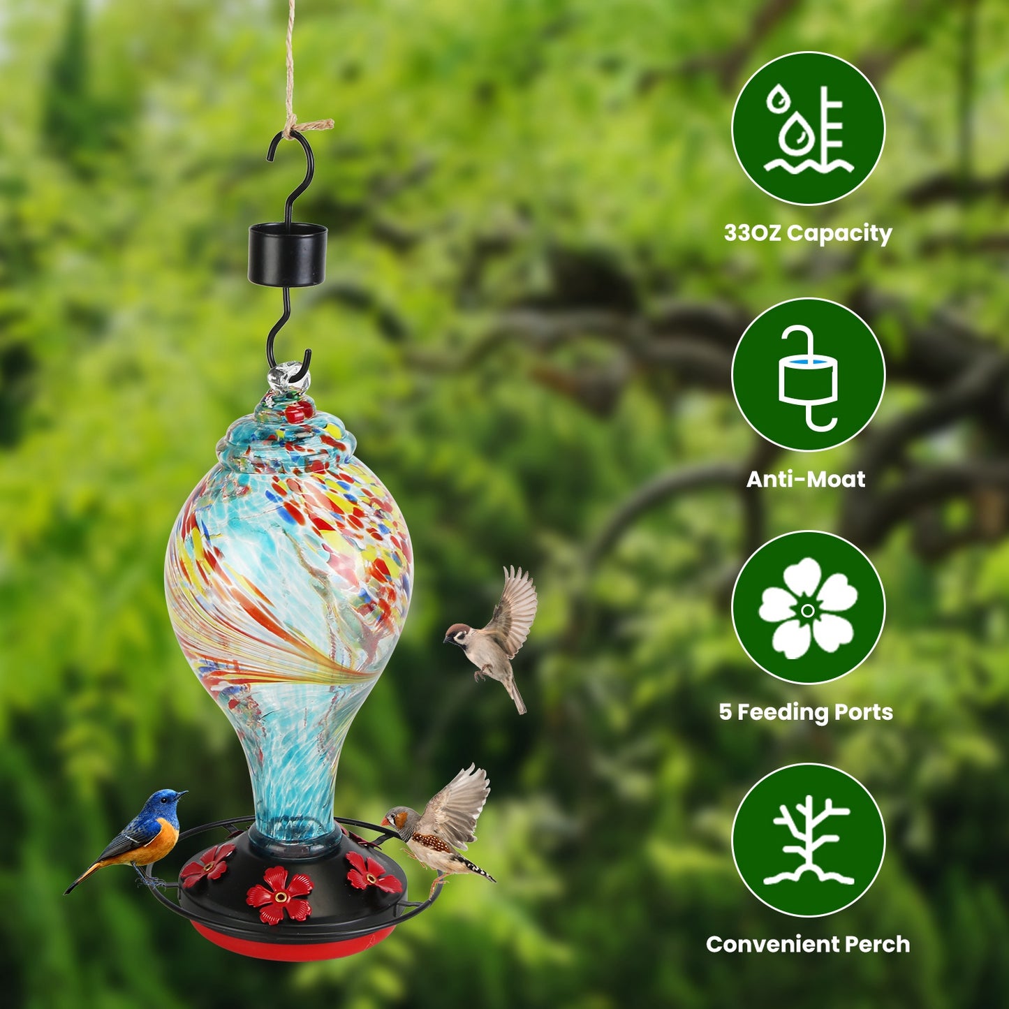 1Pc Glass Hummingbird Feeder 33OZ Hand Blown Hummingbird Feeder With 5 Flower Feeding Port Perch Ant Moat Hanging Hook S Hook Hemp Rope Cleaning Brush For Garden Decor