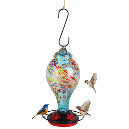 1Pc Glass Hummingbird Feeder 33OZ Hand Blown Hummingbird Feeder With 5 Flower Feeding Port Perch Ant Moat Hanging Hook S Hook Hemp Rope Cleaning Brush For Garden Decor