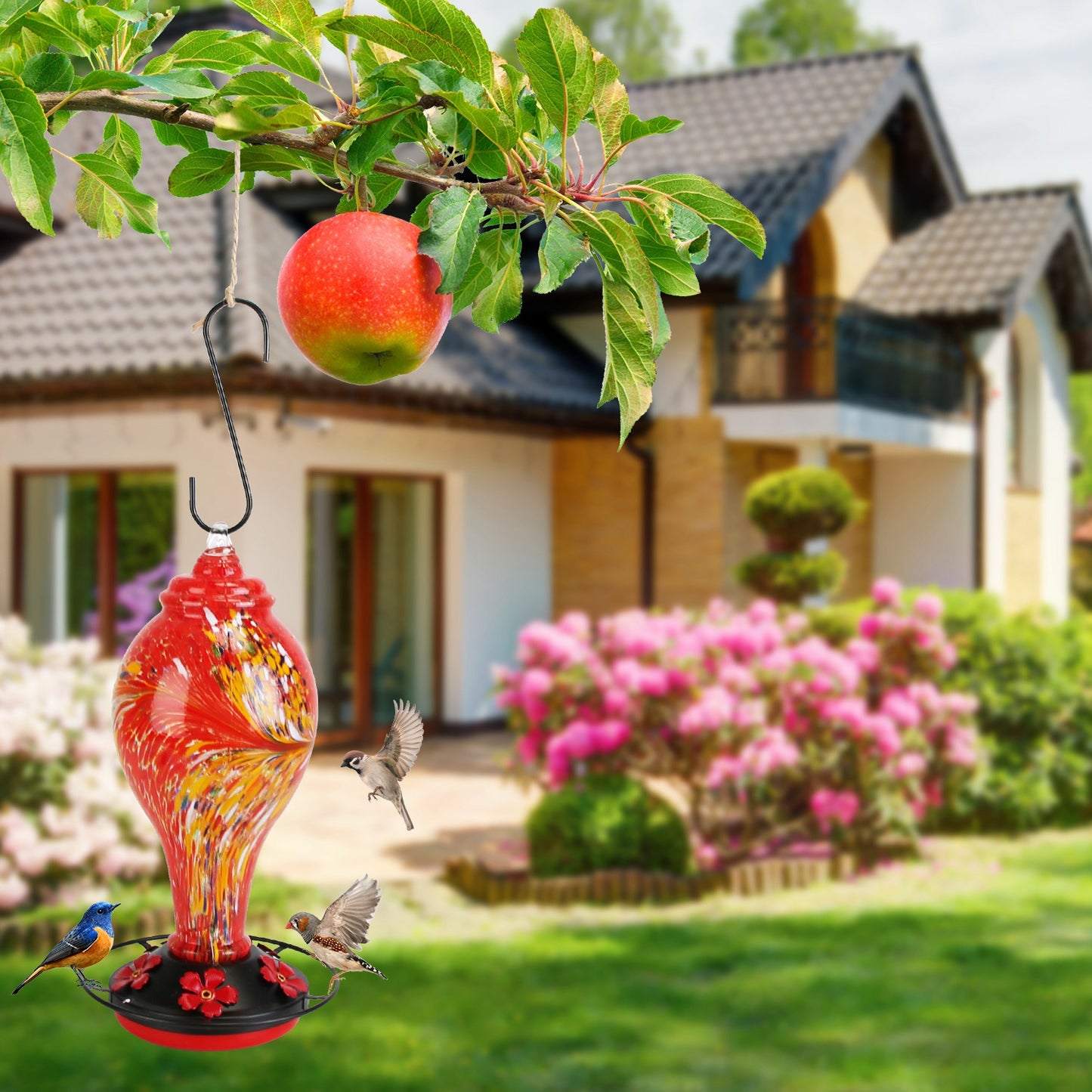 1Pc Glass Hummingbird Feeder 33OZ Hand Blown Hummingbird Feeder With 5 Flower Feeding Port Perch Ant Moat Hanging Hook S Hook Hemp Rope Cleaning Brush For Garden Decor