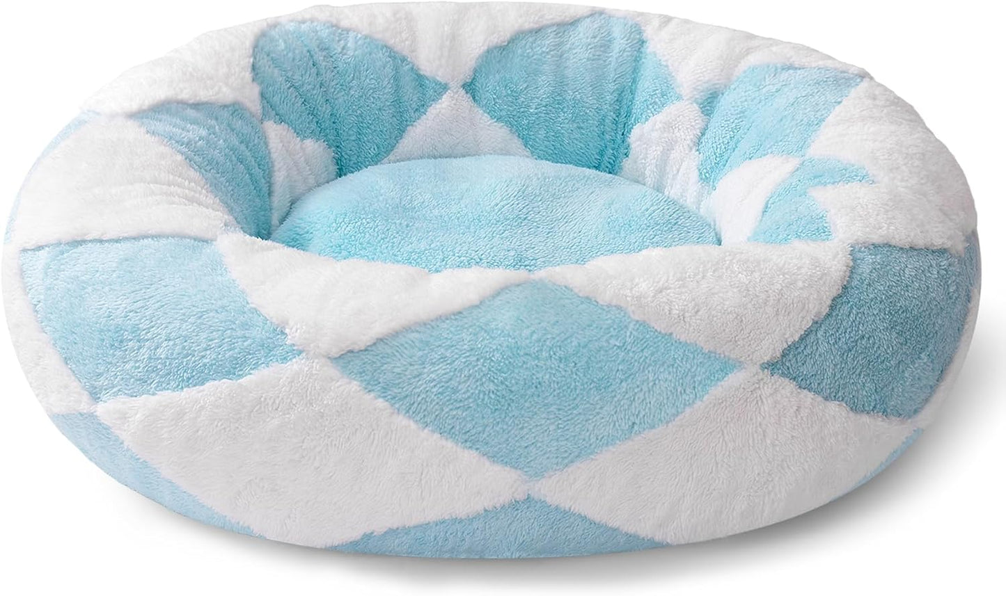 MEWOOFUN Donut Cat Bed For Indoor Cats - Round Washable Plush Pet Bed With Jacquard Shaggy Fabric & Non-Slip Bottom, Calming Small Dog Bed For Puppy & Kitten, 23 Inch Blue Check